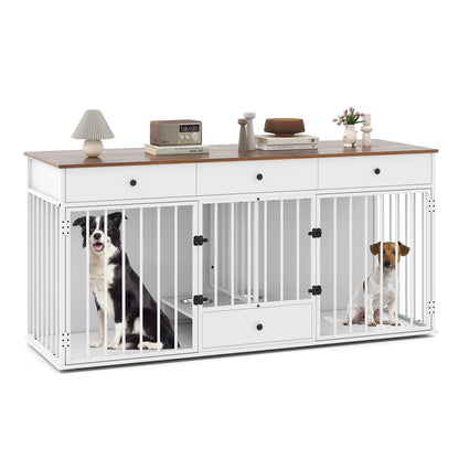 Double Dog Crate Furniture Dog Kennel with Pull-out Feeder and 3 Drawers-White