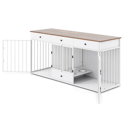 Double Dog Crate Furniture Dog Kennel with Pull-out Feeder and 3 Drawers-White