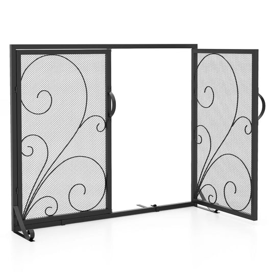 Double Door Fireplace Screen Flat Fire Guard with Magnetic Panels-Black