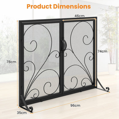 Double Door Fireplace Screen Flat Fire Guard with Magnetic Panels-Black