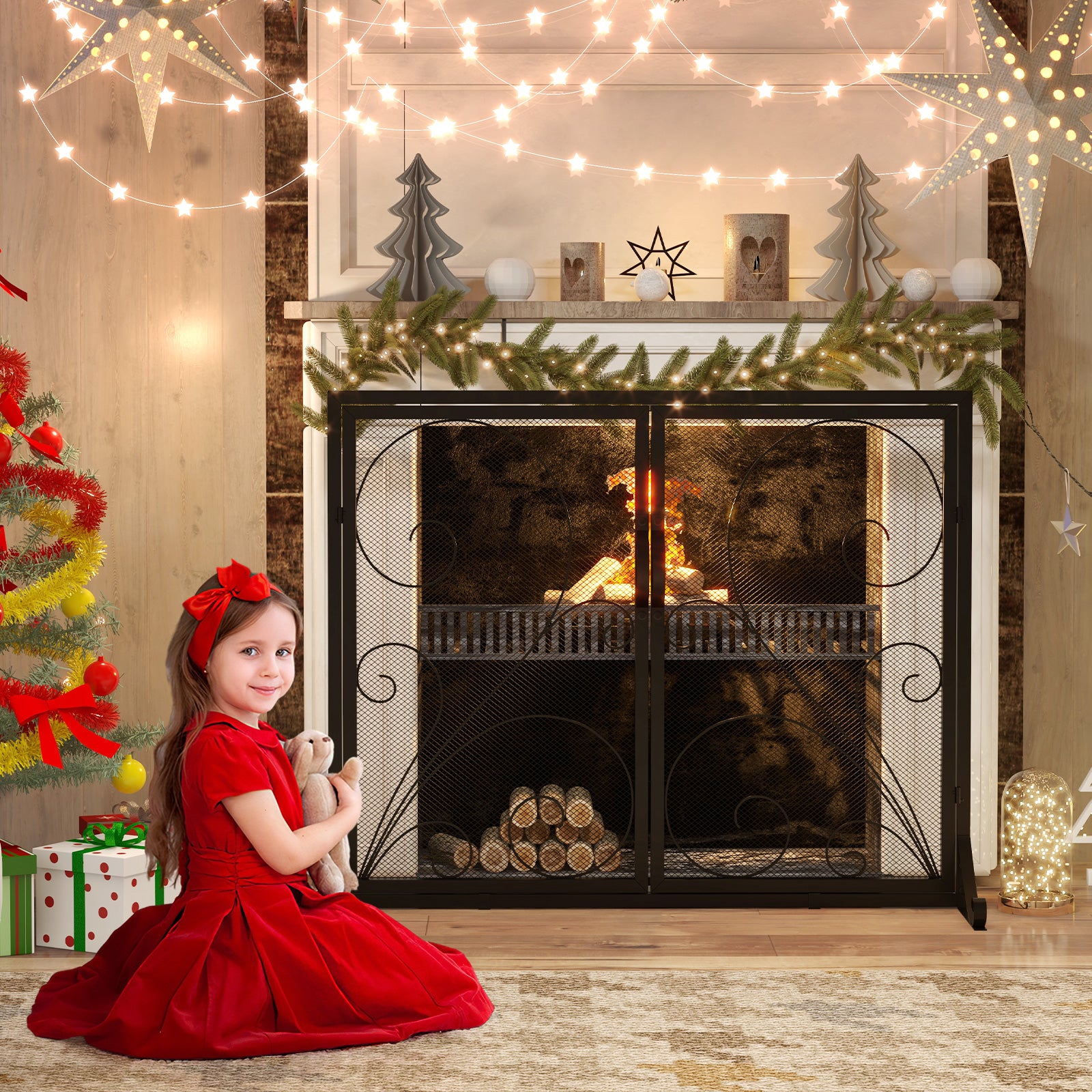 Double Door Fireplace Screen Flat Fire Guard with Magnetic Panels-Black