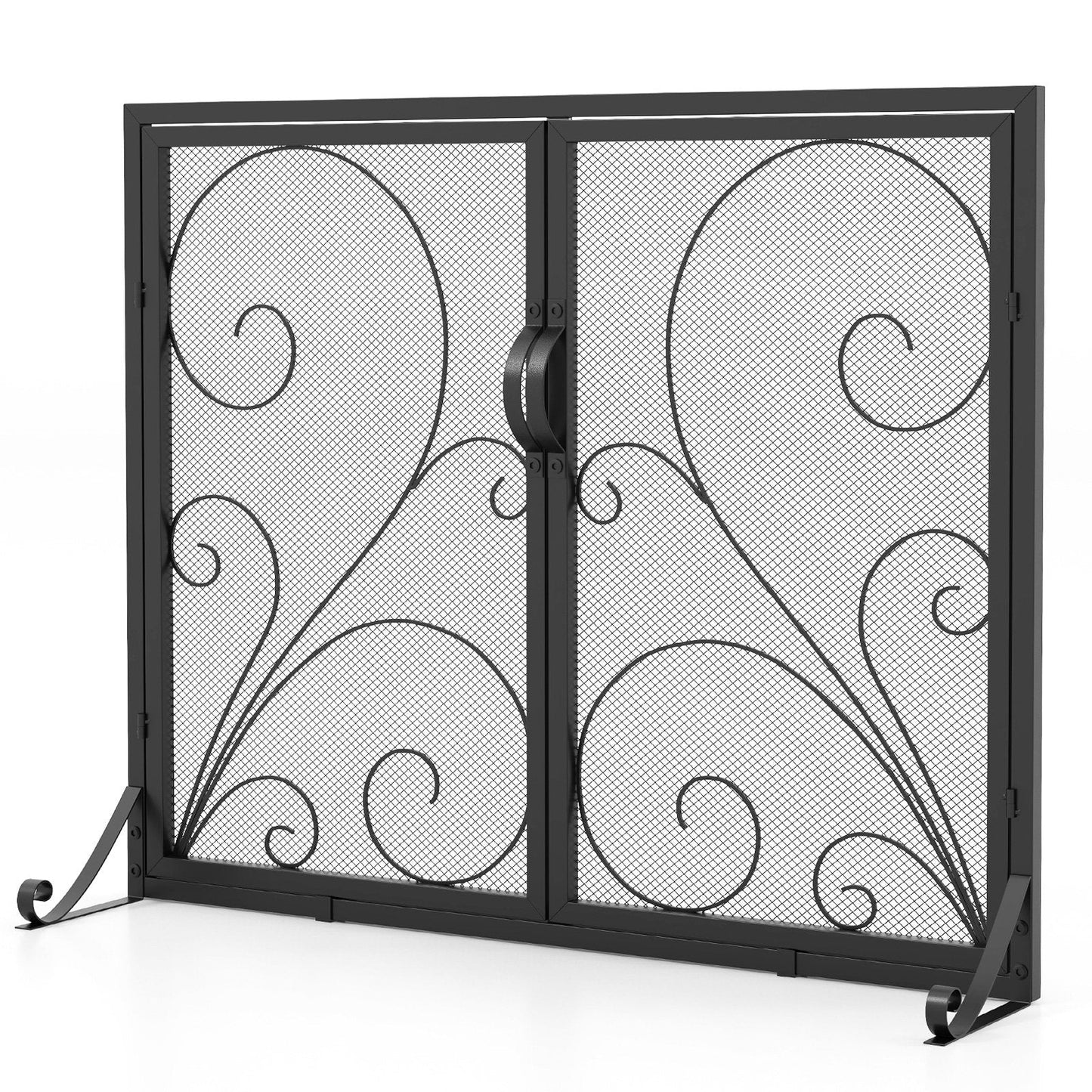 Double Door Fireplace Screen Flat Fire Guard with Magnetic Panels-Black
