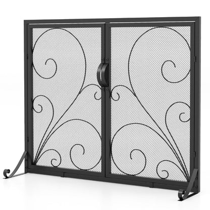 Double Door Fireplace Screen Flat Fire Guard with Magnetic Panels-Black