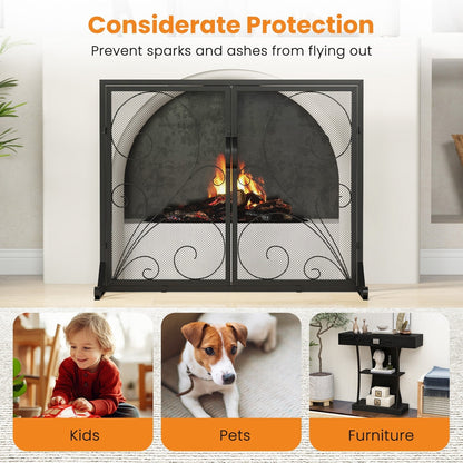 Double Door Fireplace Screen Flat Fire Guard with Magnetic Panels-Black