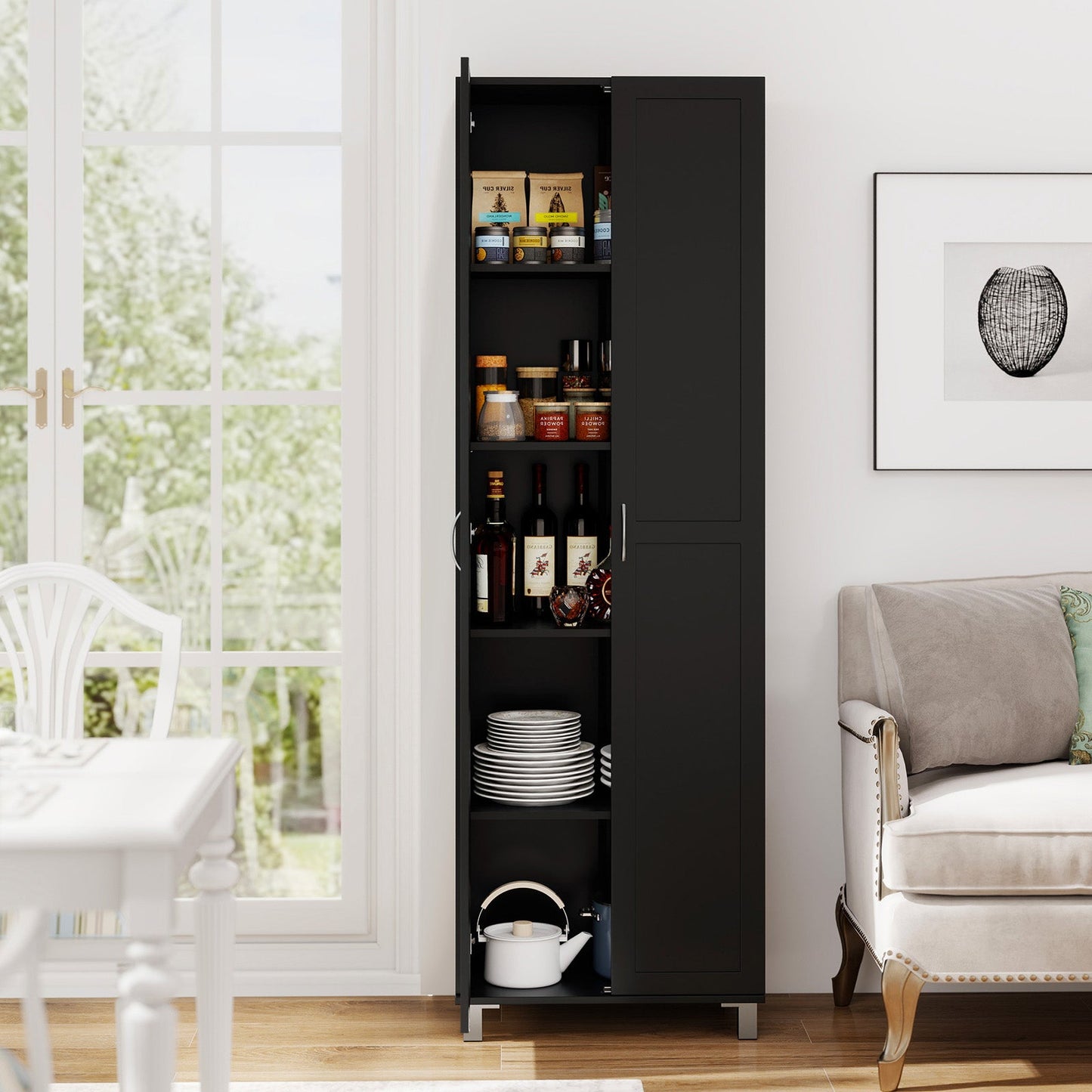 Double Door Tall Storage Cabinet with Adjustable Shelf and Anti-tilt Design-Black