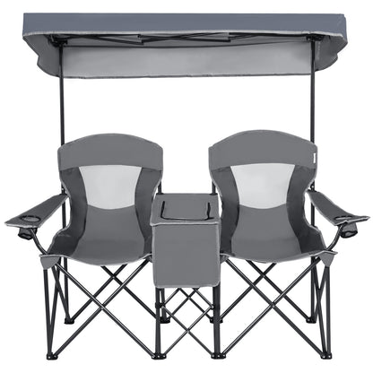 Double Folding Camping Chair with Canopy and Armrests-Grey