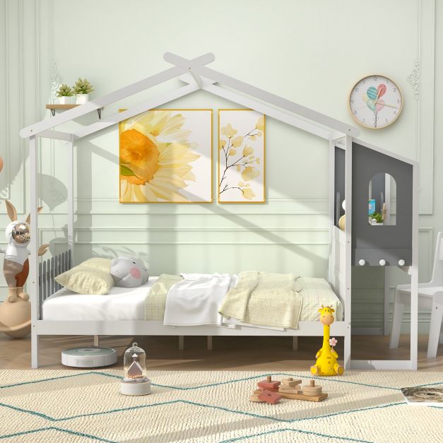 Single/Double House Bed Wood Montessori Bed Frame with Desk-Double Size