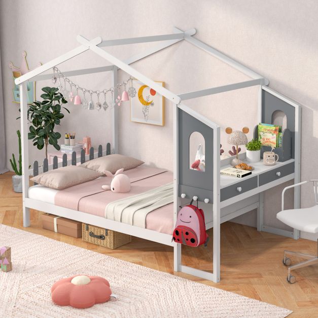 Single/Double House Bed Wood Montessori Bed Frame with Desk-Double Size
