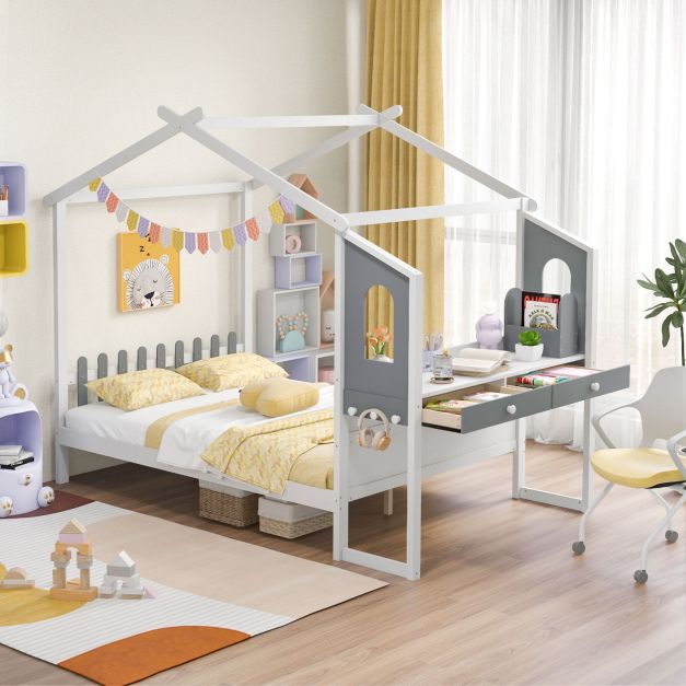 Single/Double House Bed Wood Montessori Bed Frame with Desk-Double Size