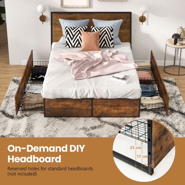Double Metal Bed Frame with 4 Rolling Underbed Storage Drawers-190 x 135 x 33 cm