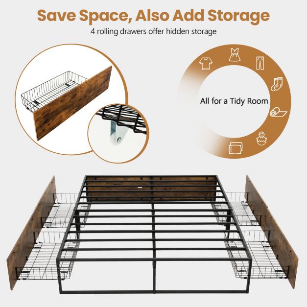 Double Metal Bed Frame with 4 Rolling Underbed Storage Drawers-190 x 120 x 33 cm