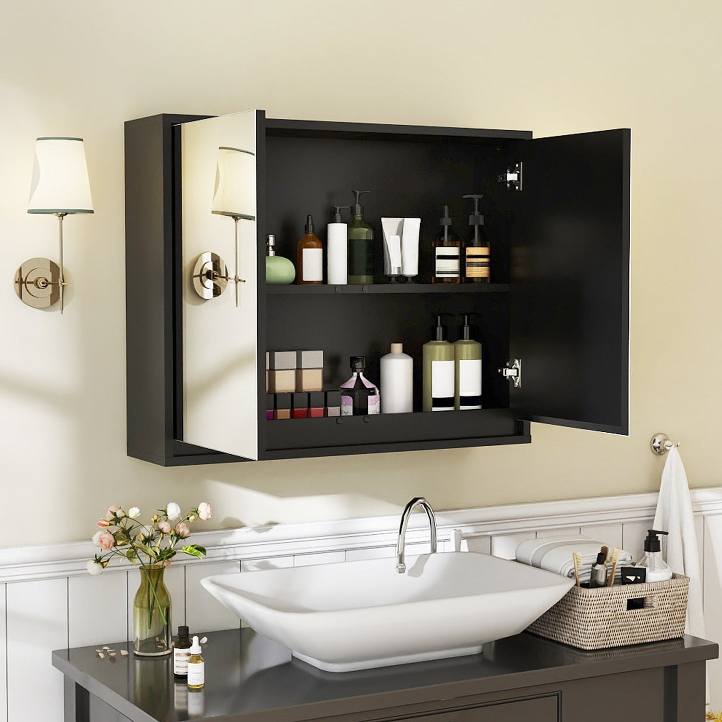 Double Mirrored Door Cabinet with Storage Shelf for Bathroom-Black