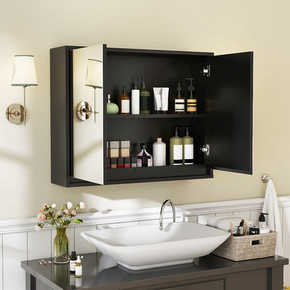 Double Mirrored Door Cabinet with Storage Shelf for Bathroom-Black