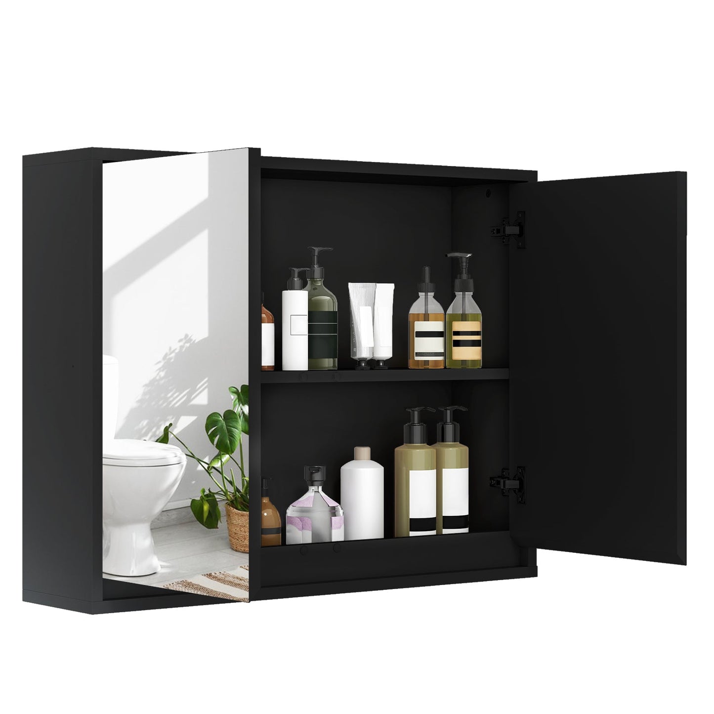 Double Mirrored Door Cabinet with Storage Shelf for Bathroom-Black