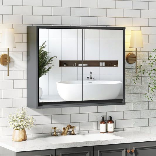 Double Mirrored Door Cabinet with Storage Shelf for Bathroom-Grey