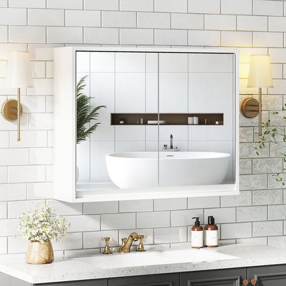 Double Mirrored Door Cabinet with Storage Shelf for Bathroom-White