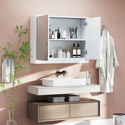 Double Mirrored Door Cabinet with Storage Shelf for Bathroom-White