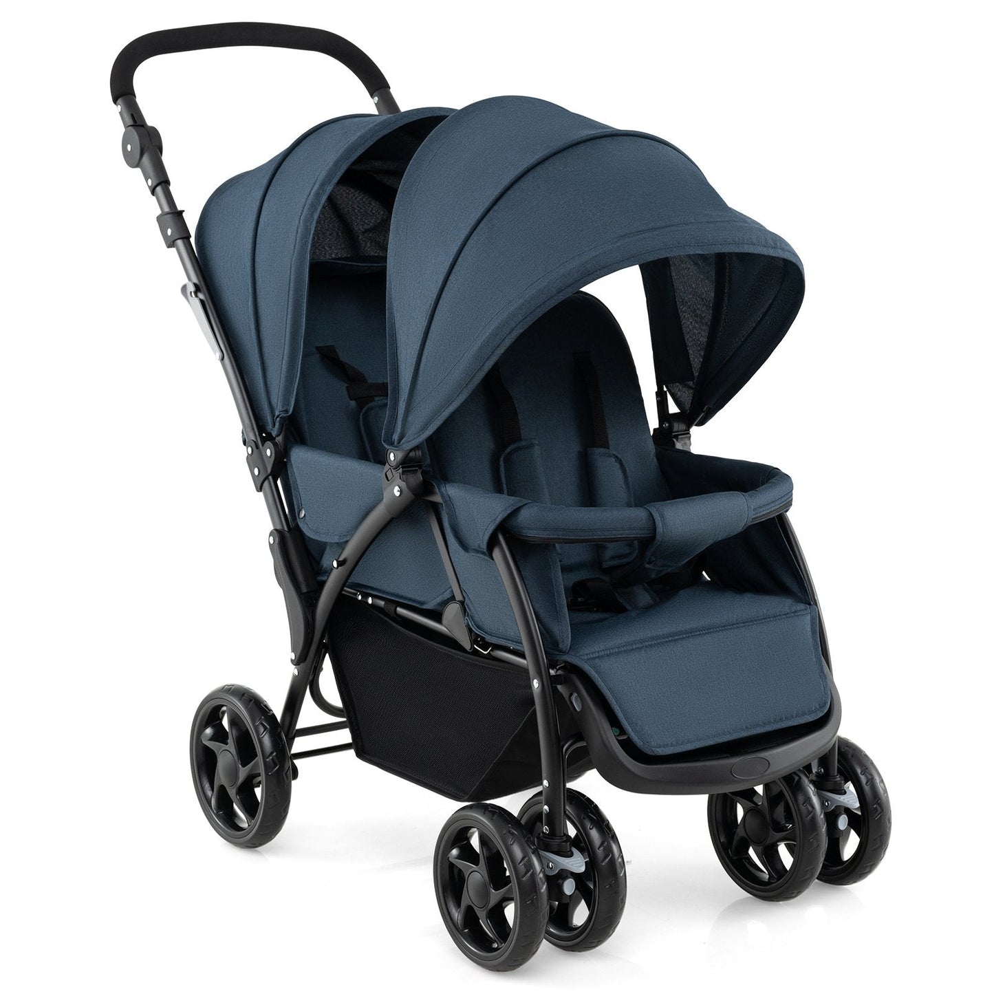 Double Pushchair with Adjustable Backrest and Sunshade-Blue
