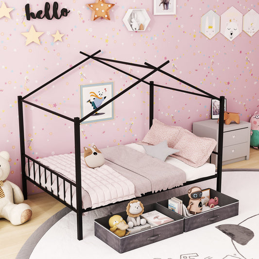 Double Size House Bed with 2 Drawers No Box Spring Needed-Black