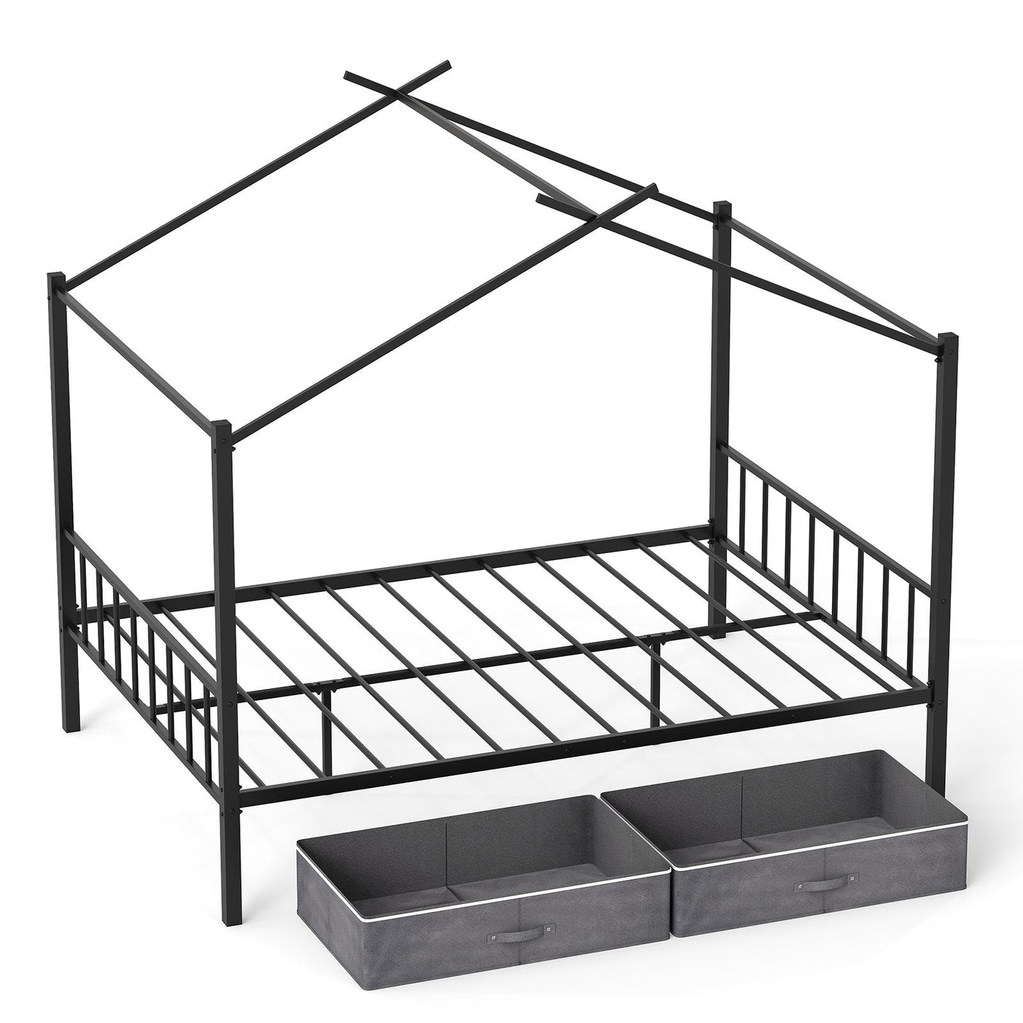 Double Size House Bed with 2 Drawers No Box Spring Needed-Black