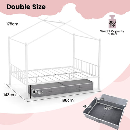 Double Size House Bed with 2 Drawers No Box Spring Needed-White
