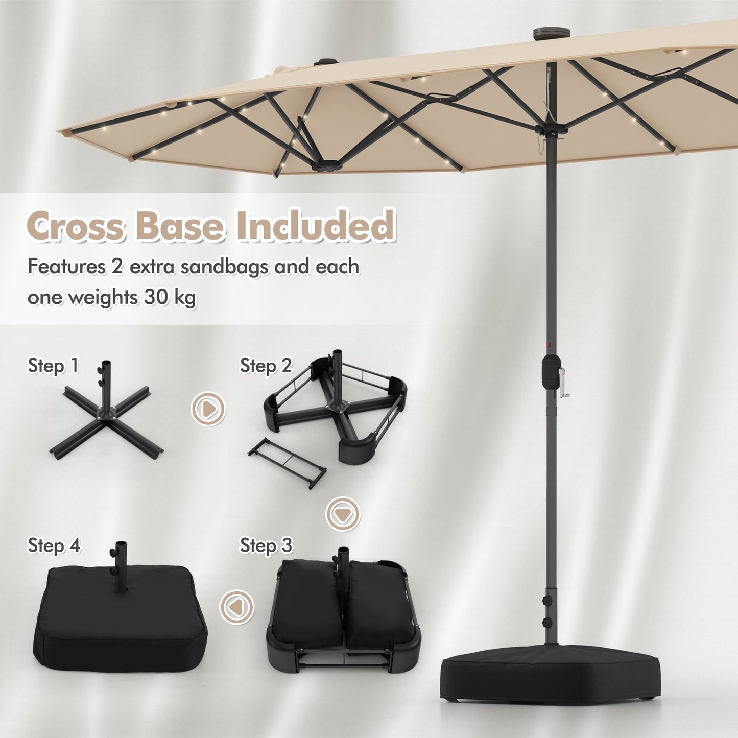 400cm Double-sided Patio Umbrella with Solar Lights-Beige