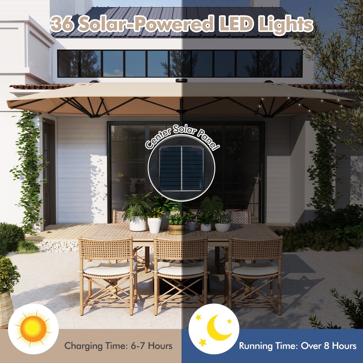 400cm Double-sided Patio Umbrella with Solar Lights-Beige