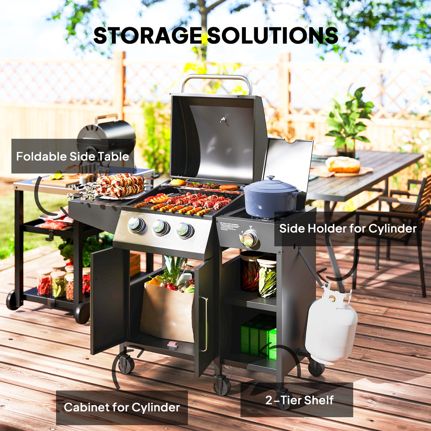 Outsunny 3+1 palnikowy grill gazowy z szafką i półkami, wózek na grilla gazowego o mocy 9,5 kW z 6 kółkami, ruszt do podgrzewania, termometr do gotowania na świeżym powietrzu, przyjęcie ogrodowe, czarny