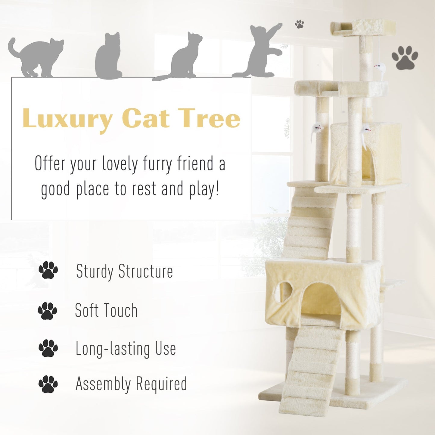 PawHut Cat Tower Centre Sisal Kitten Tree Scratch Scratcher Scratching Post Toy Climbing Tree Bed Multi Level 181cm(H)