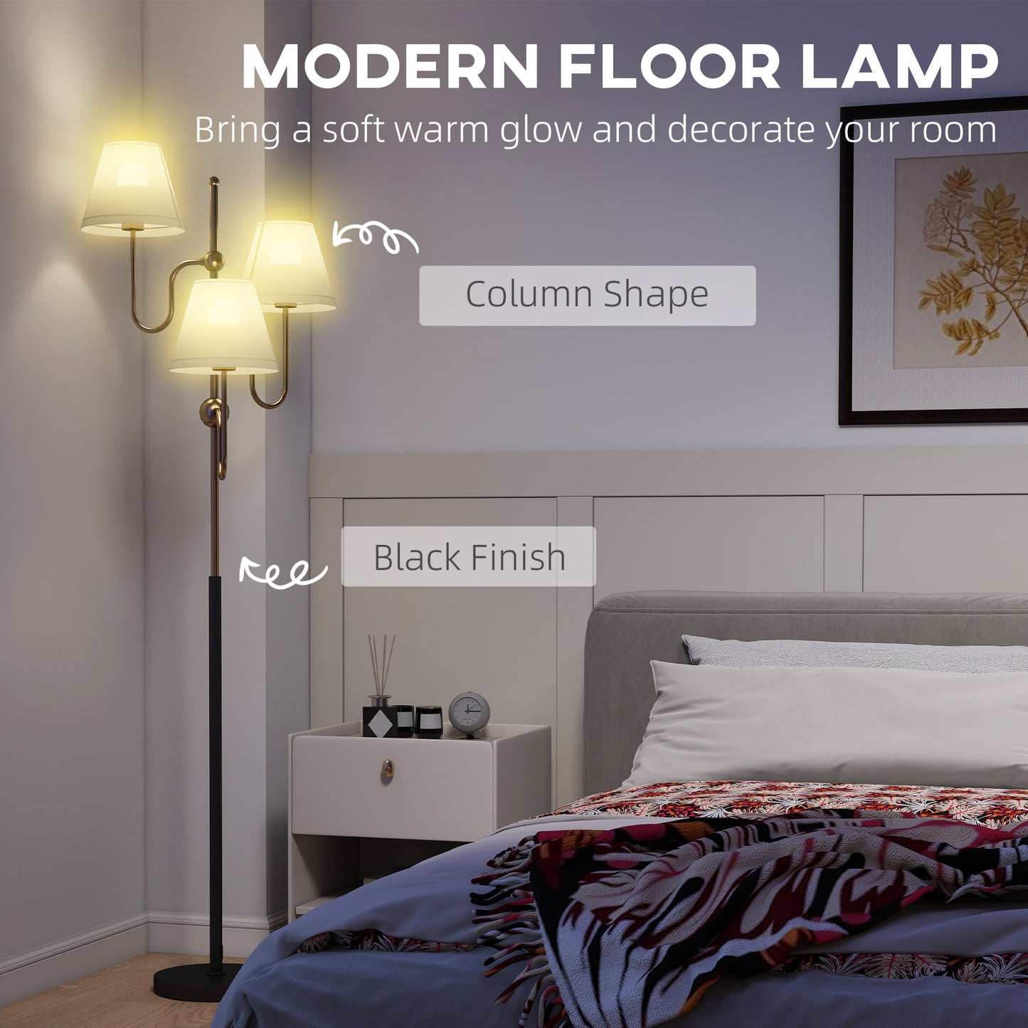 HOMCOM Floor Lamp, 165 cm Tall Standing Lamp with 3 Light and Foot Switch for Living Room, Bedroom, Bedside, Office, E27 Base Without Bulb (40W Max)