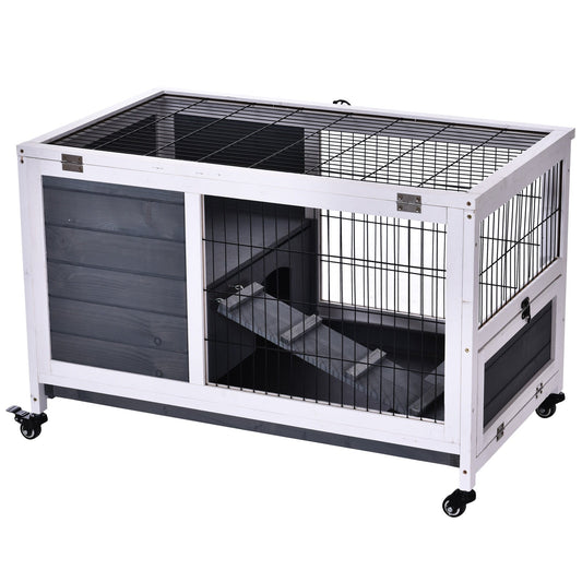 PawHut Rabbit Home Indoor Fir Wood Lift-Top Hutch Grey