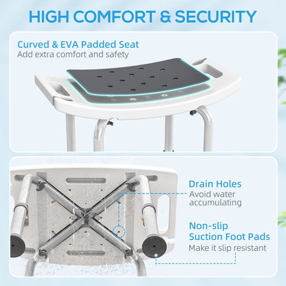 HOMCOM 6-Level Height Adjustable Aluminium Bath Room Stool Chair Shower Non-Slip Design w/ Padded Seat Drainage Holes Foot Pad, Grey