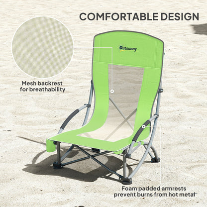 Outsunny Set of 2 Folding Beach Chair, Low Camping Chair with Mesh Back, Carry Bag and Cup Holder for Garden Outdoor Picnic Festival Travel, Green