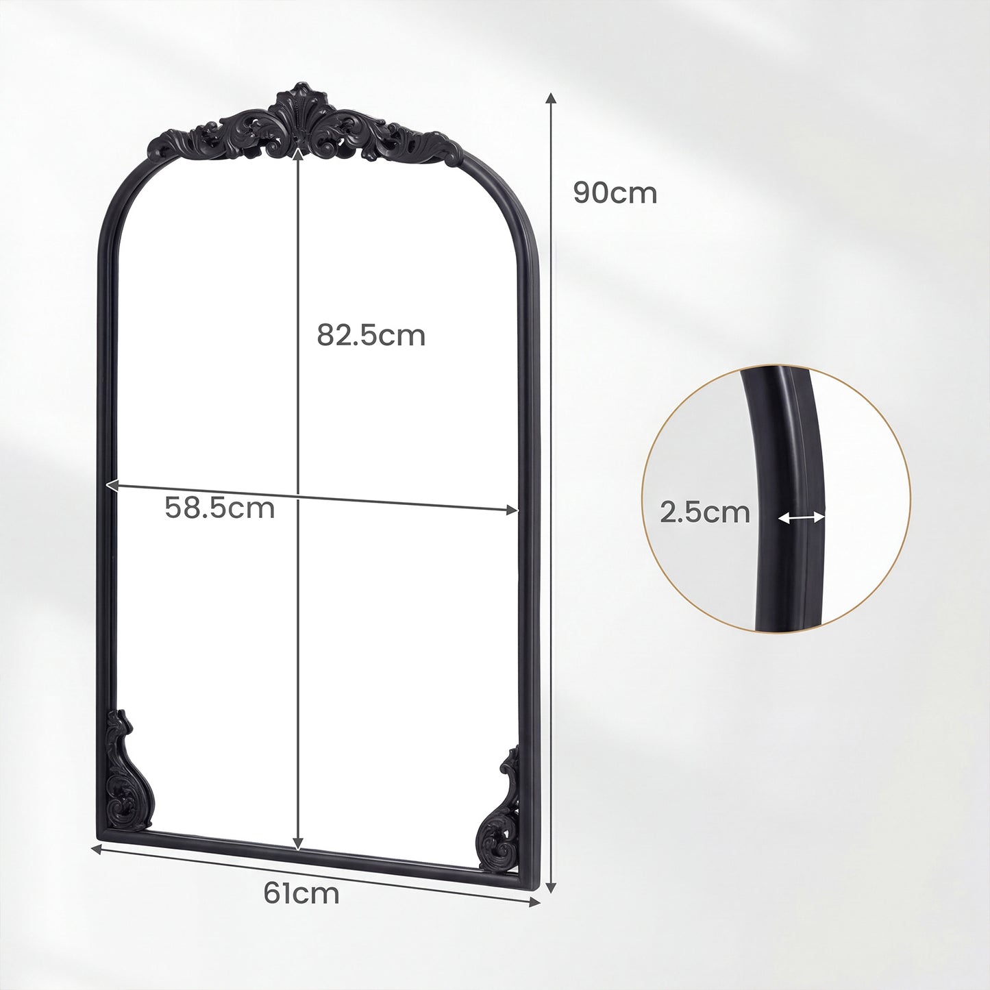 Dramatic Arched Wall Mirror with Baroque Ornate Frame-M