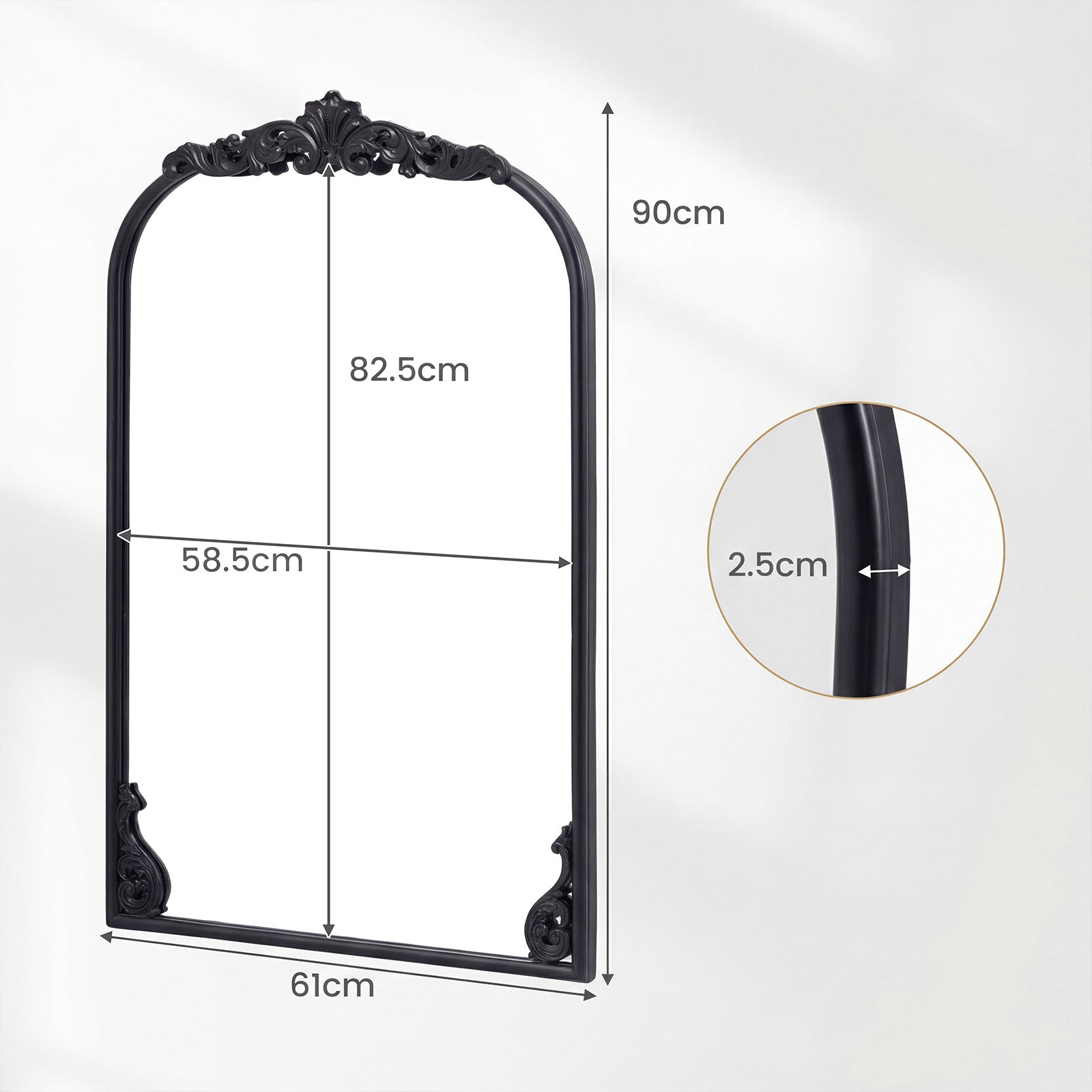 Dramatic Arched Wall Mirror with Baroque Ornate Frame-M
