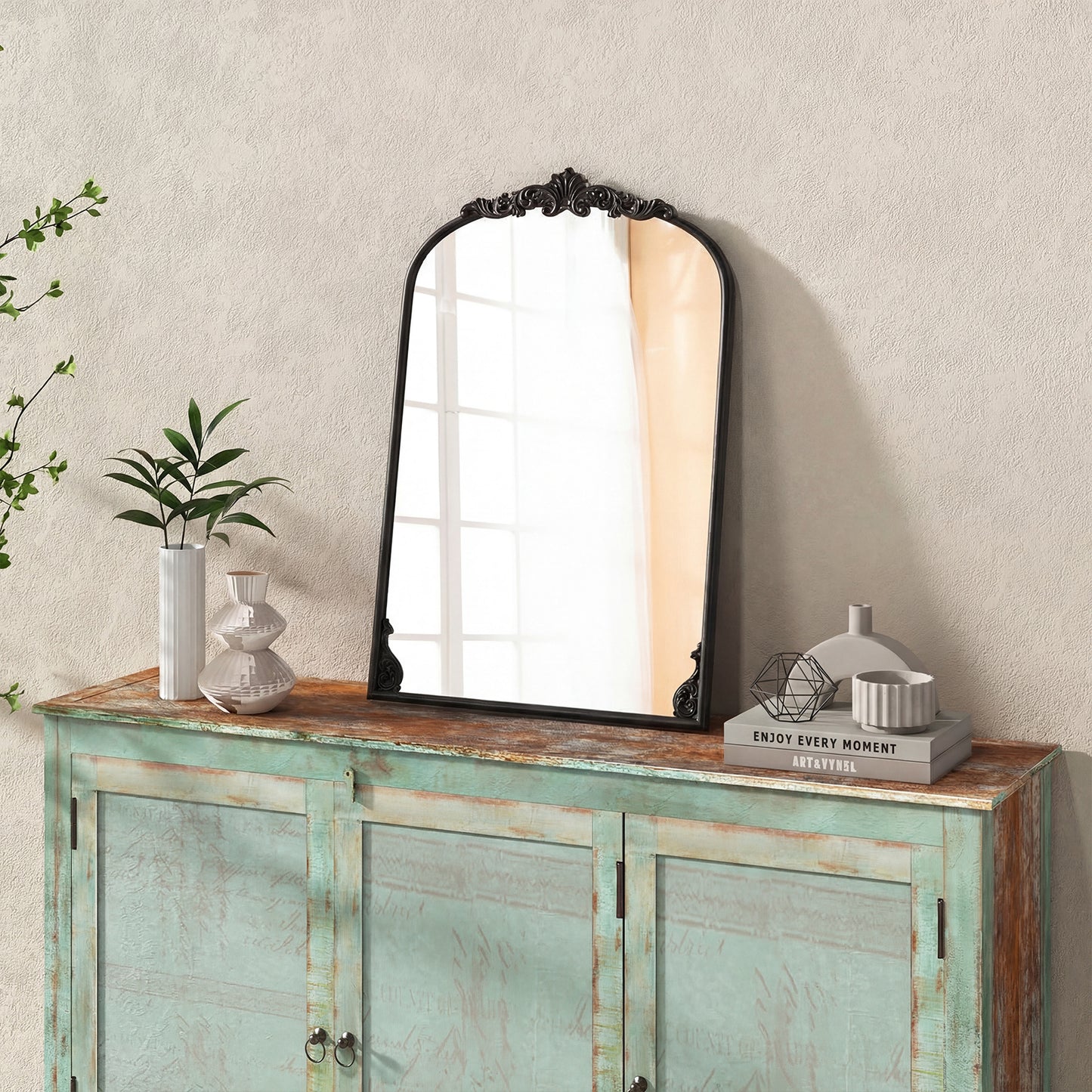 Dramatic Arched Wall Mirror with Baroque Ornate Frame-M