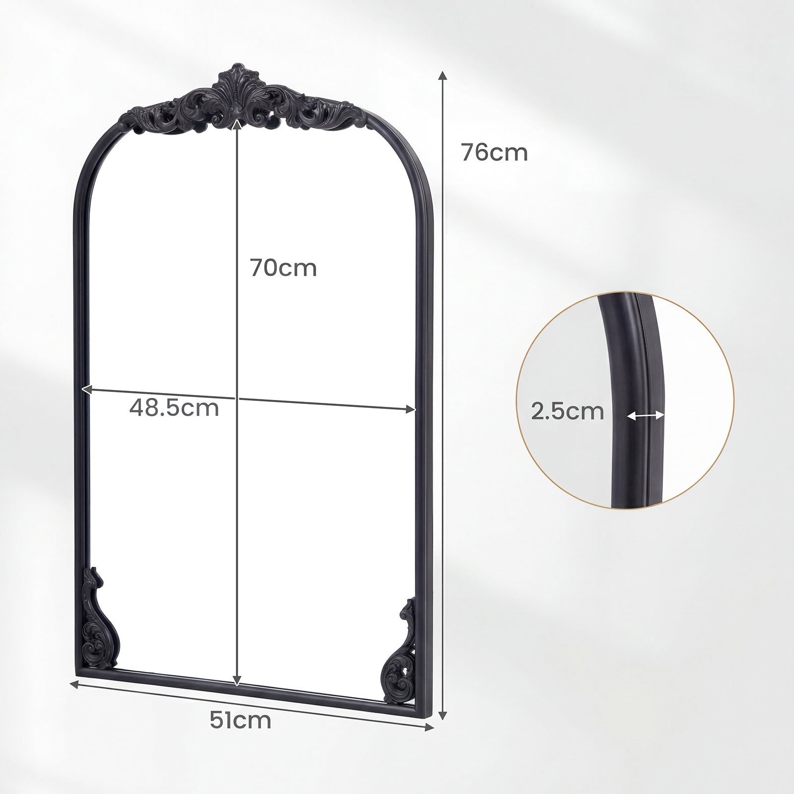 Dramatic Arched Wall Mirror with Baroque Ornate Frame-S