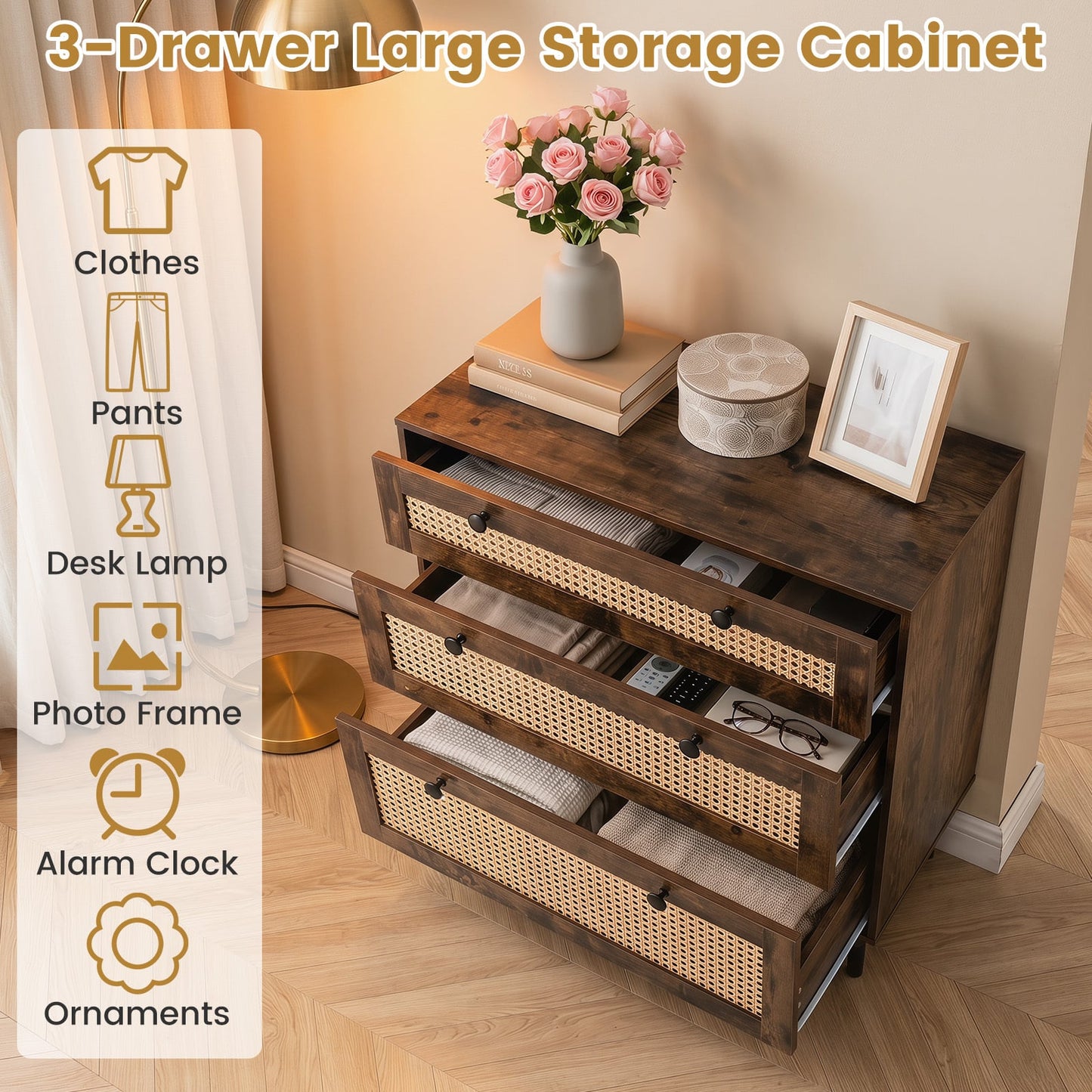 Dresser with 3 Drawers and Rattan Design and 5 Metal Legs for Bedroom-Rustic Brown