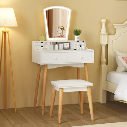 Dressing Table and Chair Set with 3 Lighting Modes and Natural Pine Wood Legs-White