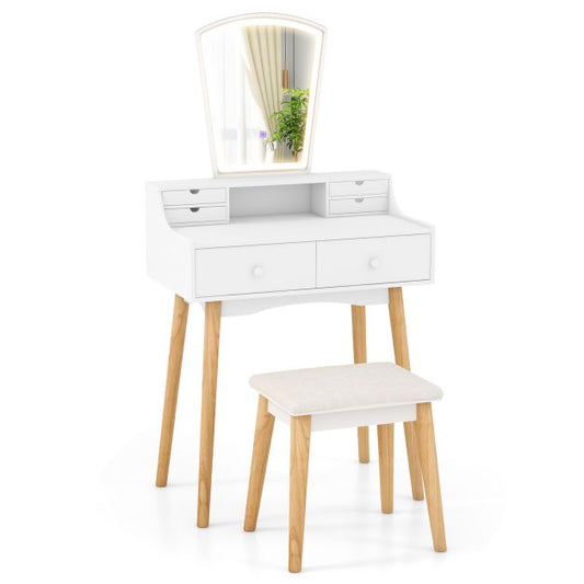 Dressing Table and Chair Set with 3 Lighting Modes and Natural Pine Wood Legs-White