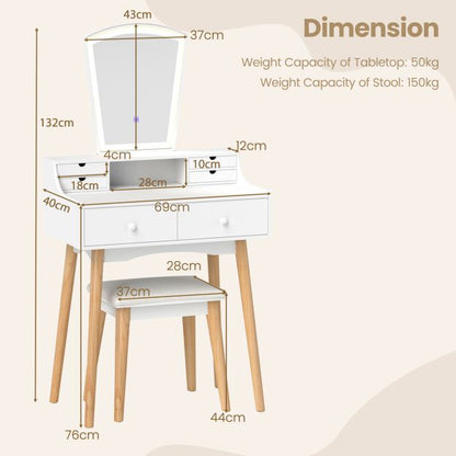 Dressing Table and Chair Set with 3 Lighting Modes and Natural Pine Wood Legs-White