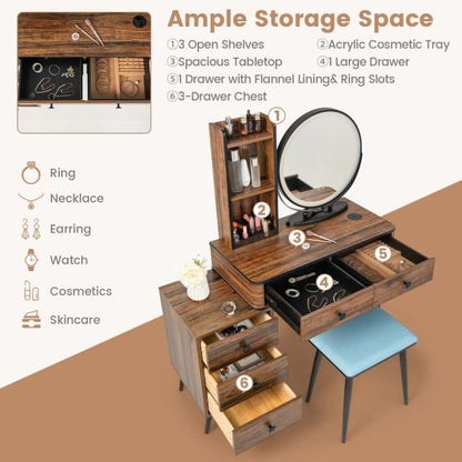 Vanity Table Set with 3-Colour Round Mirror and Charging Station-Brown