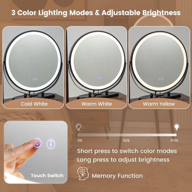 Vanity Table Set with 3-Colour Round Mirror and Charging Station-Brown