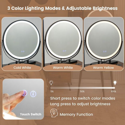 Vanity Table Set with 3-Colour Round Mirror and Charging Station-Brown