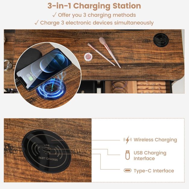 Vanity Table Set with 3-Colour Round Mirror and Charging Station-Brown