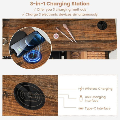 Vanity Table Set with 3-Colour Round Mirror and Charging Station-Brown