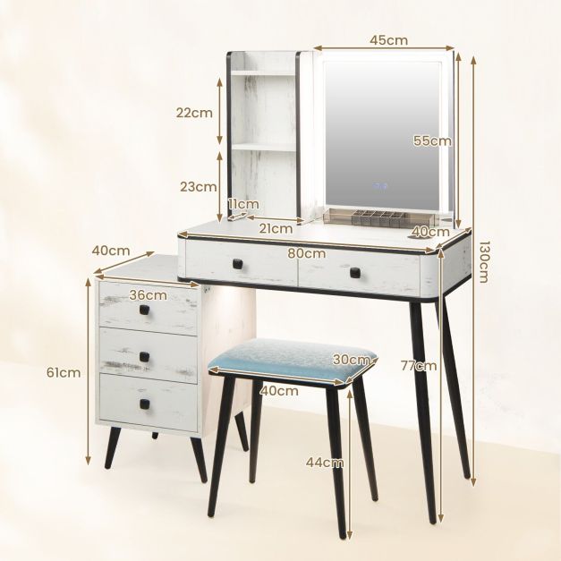 Vanity Table Set with 3-Color LED Lights Mirror and Charging Station-White