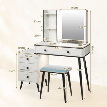 Vanity Table Set with 3-Color LED Lights Mirror and Charging Station-White