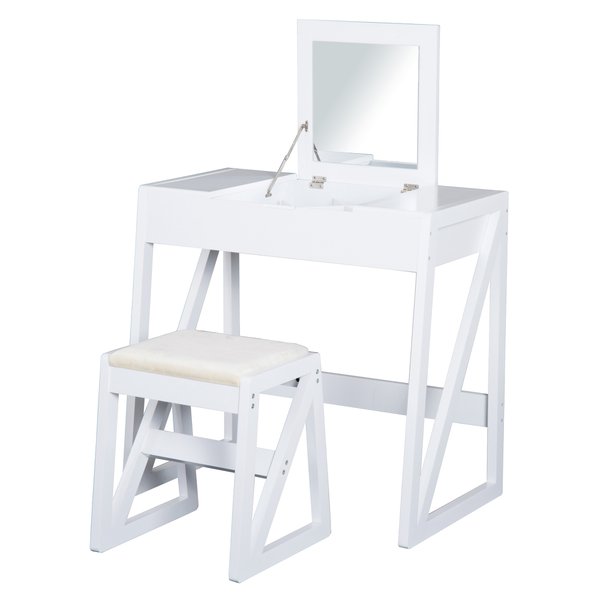 Room Dressing Table With Cushioned Stool and Flip-up Vanity Mirror - White