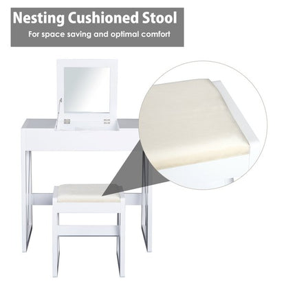 Room Dressing Table With Cushioned Stool and Flip-up Vanity Mirror - White